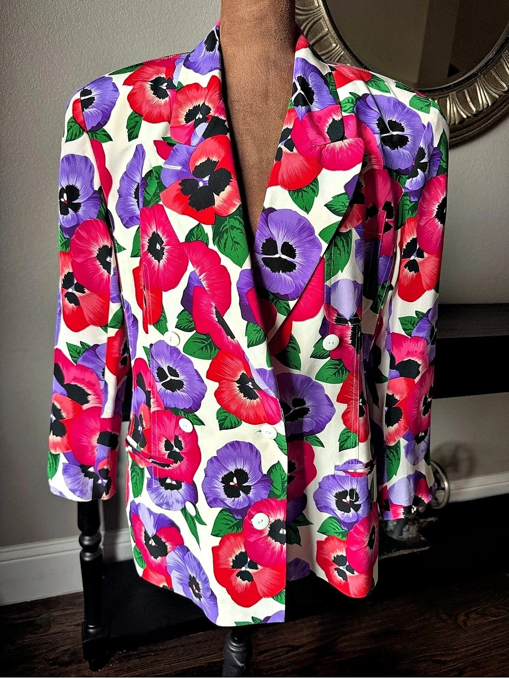 Lillie Rubin Exclusive Vintage 100% Silk Pansy Floral Blazer Jacket Size 4